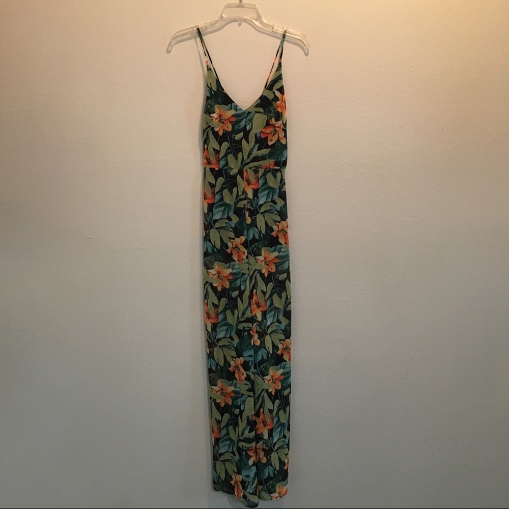 Lush Open Back Wide Leg Tropical Print Jumpsuit